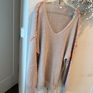 V-Neck Beige Sweater with Orange Accents